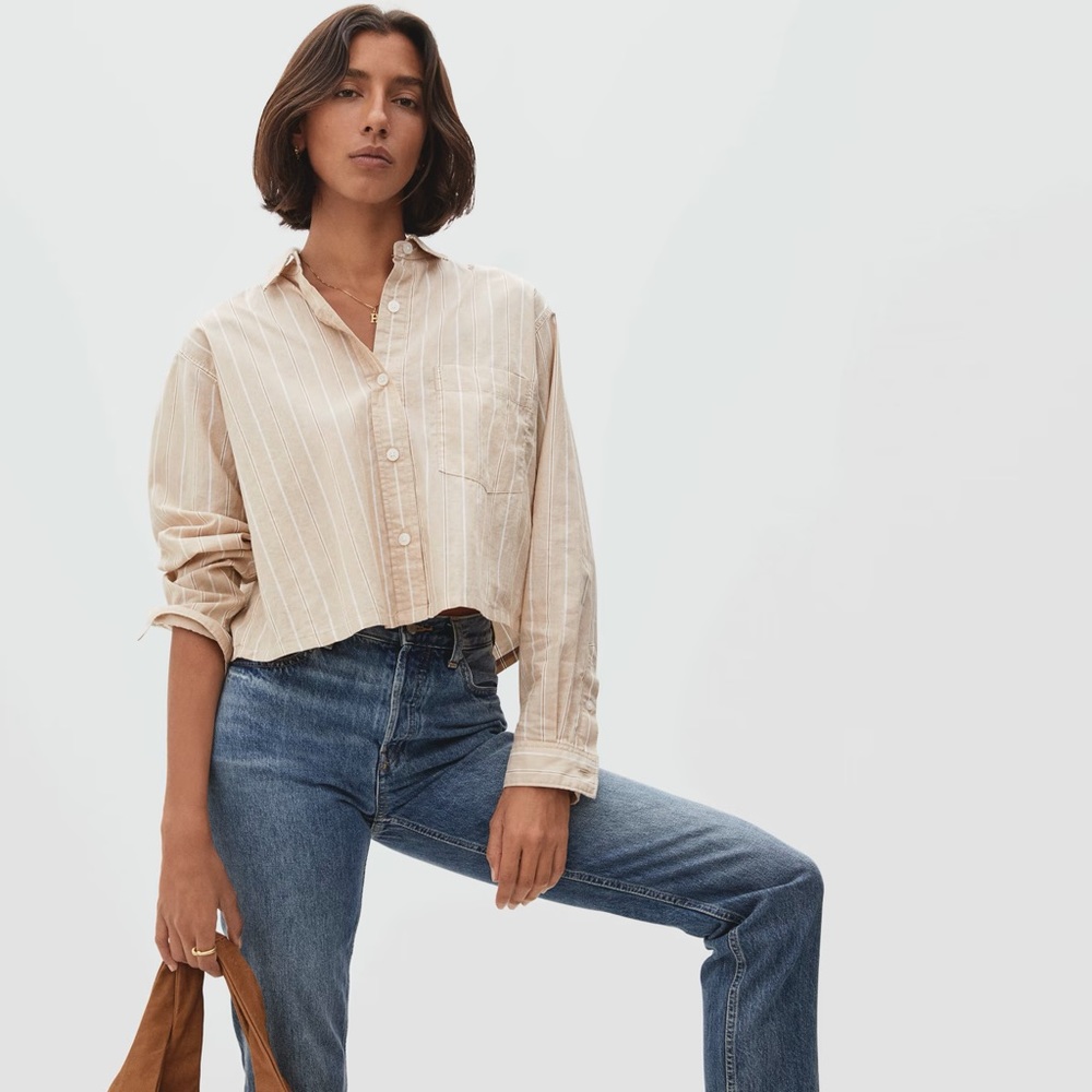 Everlane way short shirt in tan and white stripe